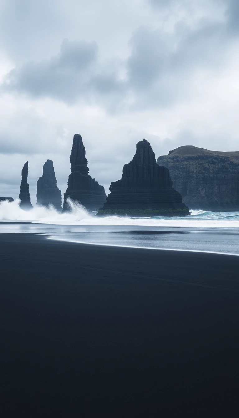 Icelandic Black Sand Beach with Sea Stacks and Cliffs My Store