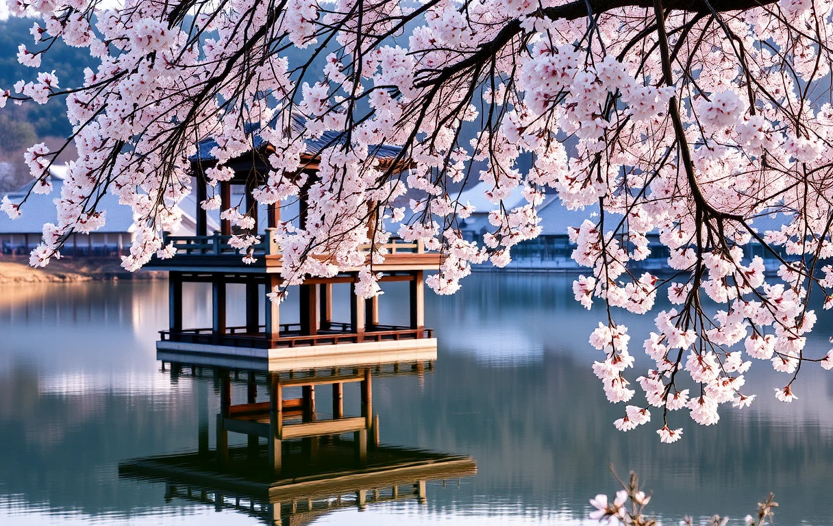 Cherry Blossoms Over Traditional Japanese Lake Pavilion My Store