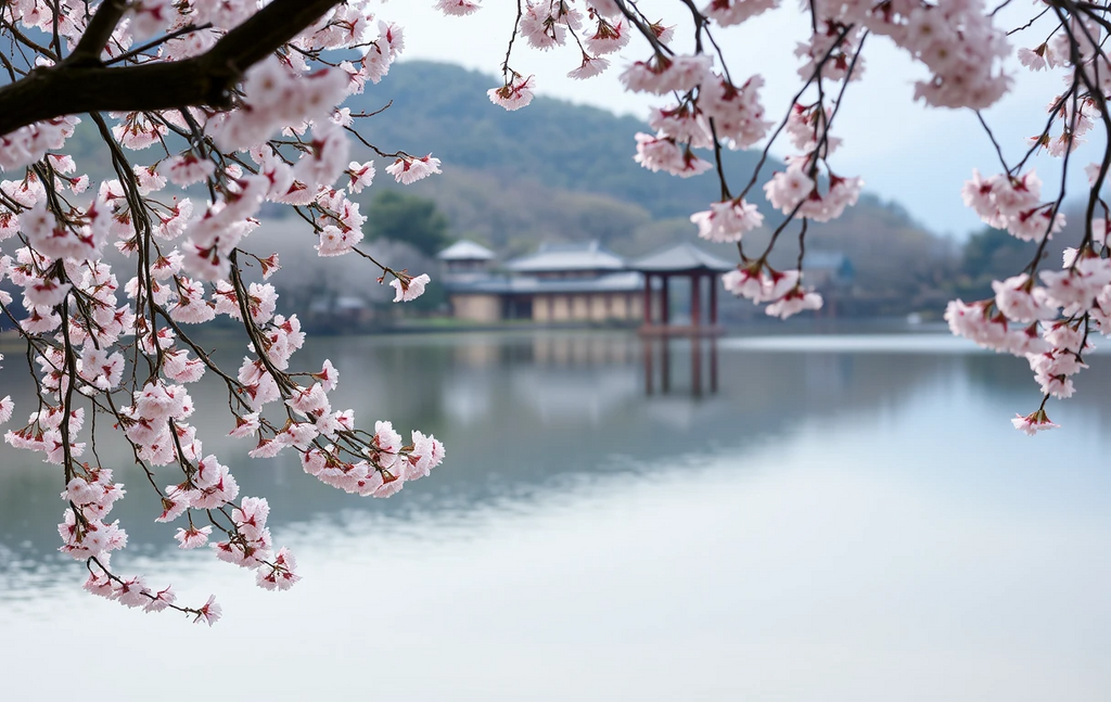 Cherry Blossoms Over Traditional Japanese Lake Pavilion My Store