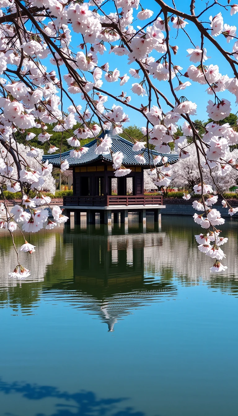 Cherry Blossoms Over Traditional Japanese Lake Pavilion My Store