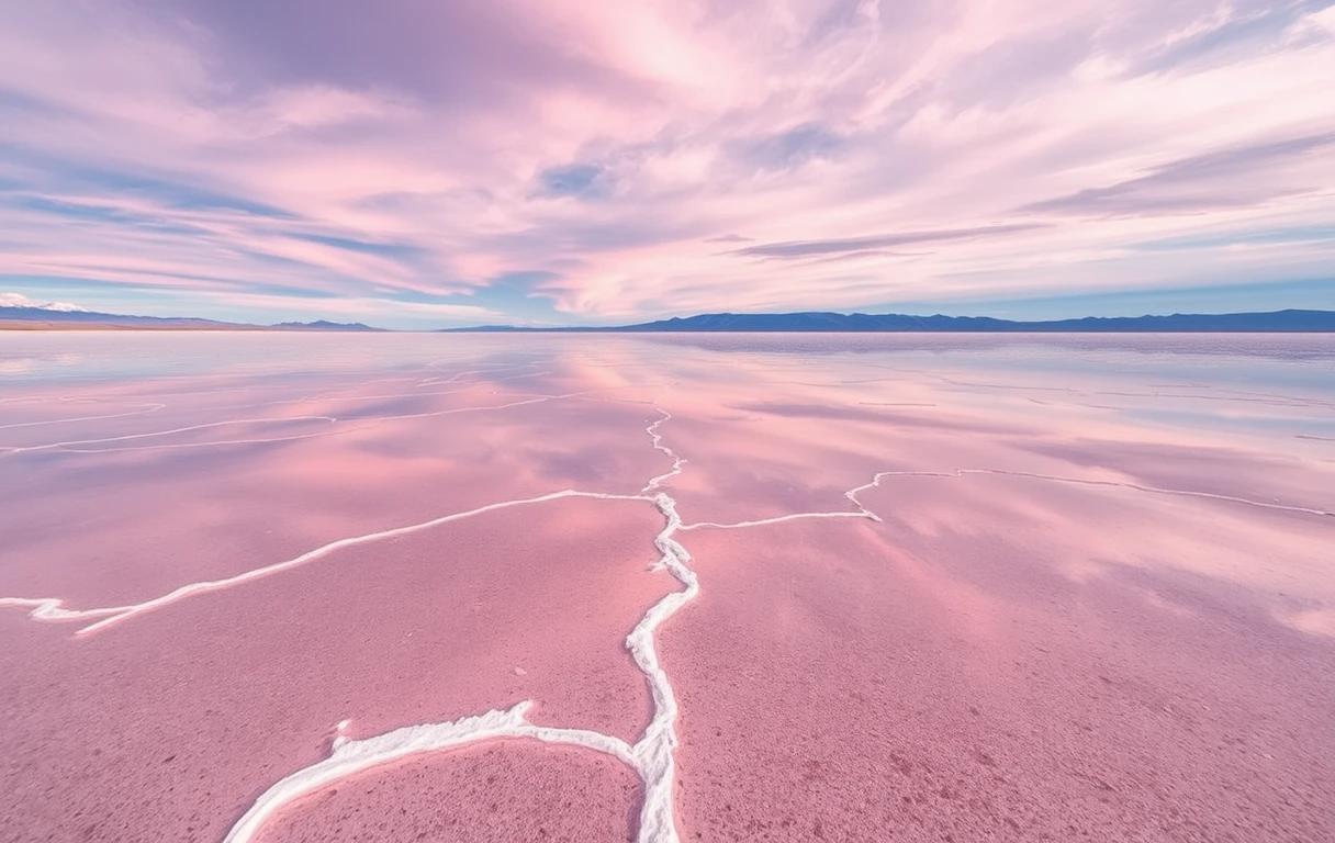 Pink Salt Flats with Cracked Surface at Sunset My Store