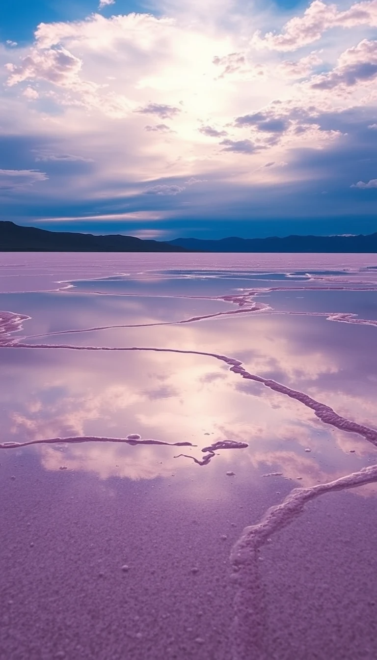 Pink Salt Flats with Cracked Surface at Sunset My Store