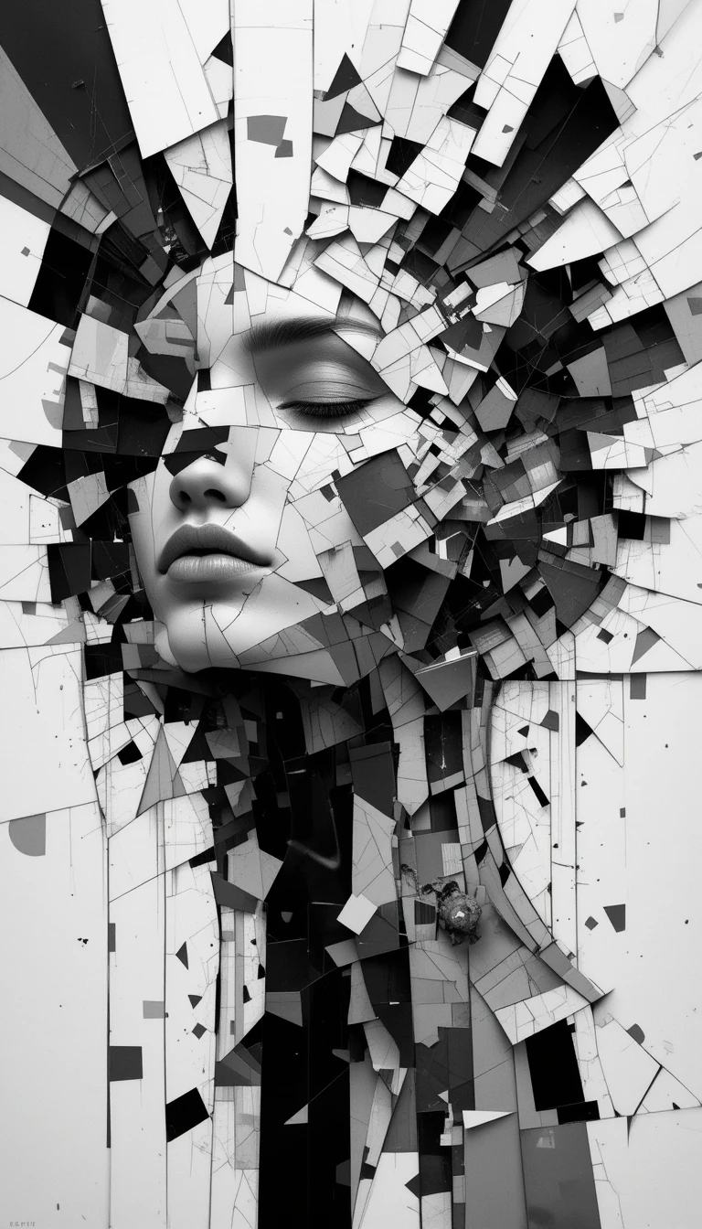 The woman's face breaking into geometric shards