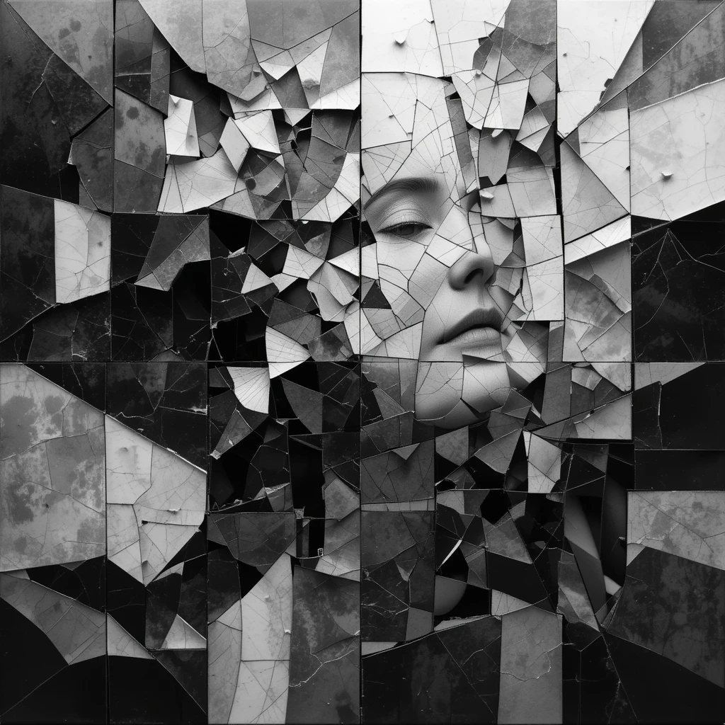 The woman's face breaking into geometric shards