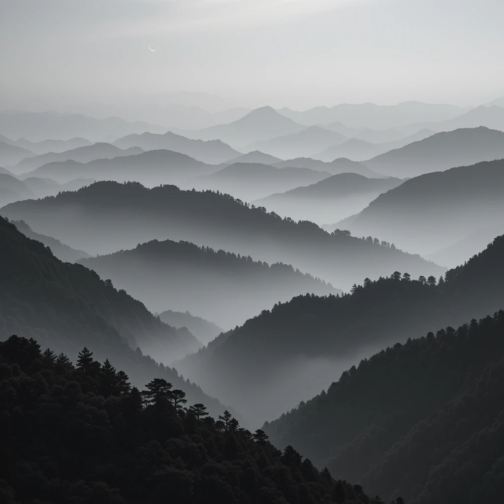 The layered misty mountains with trees