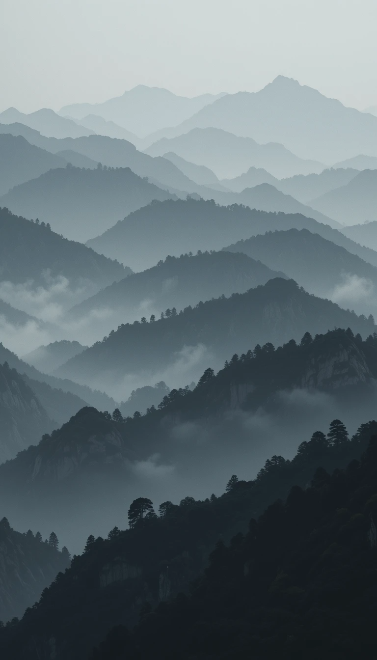 The layered misty mountains with trees