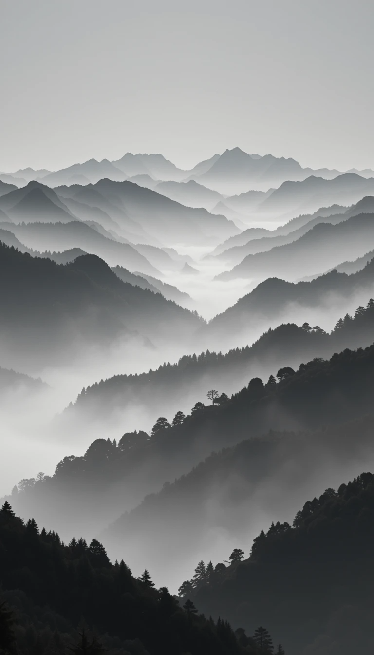 The layered misty mountains with trees