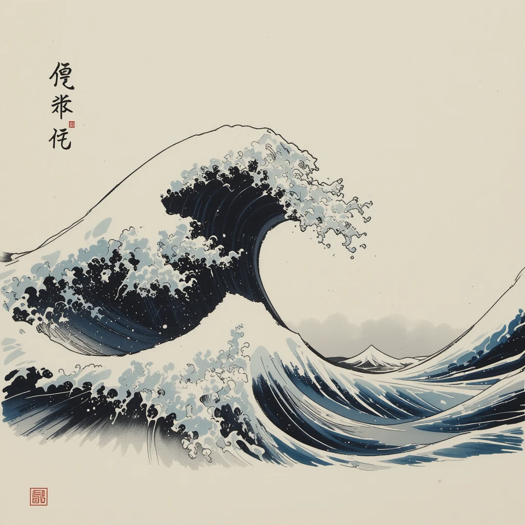 The stylized wave reminiscent of Hokusai's Great Wave