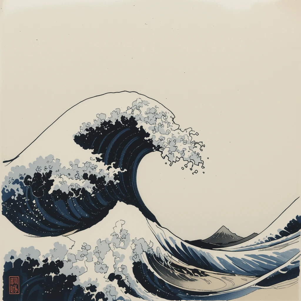 The stylized wave reminiscent of Hokusai's Great Wave