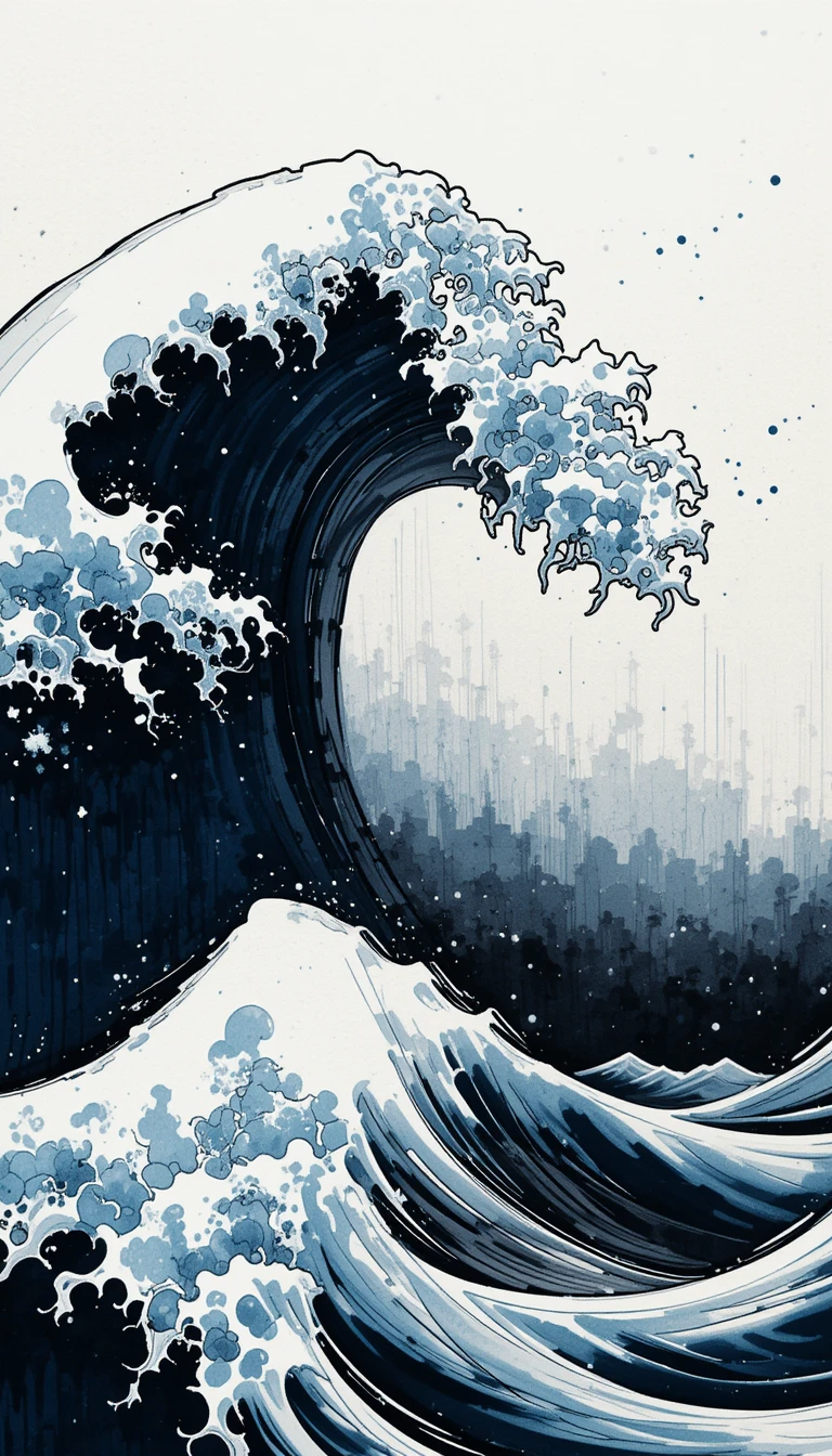The stylized wave reminiscent of Hokusai's Great Wave