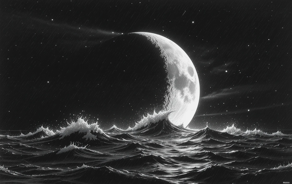 Crescent moon rising from stormy ocean waves