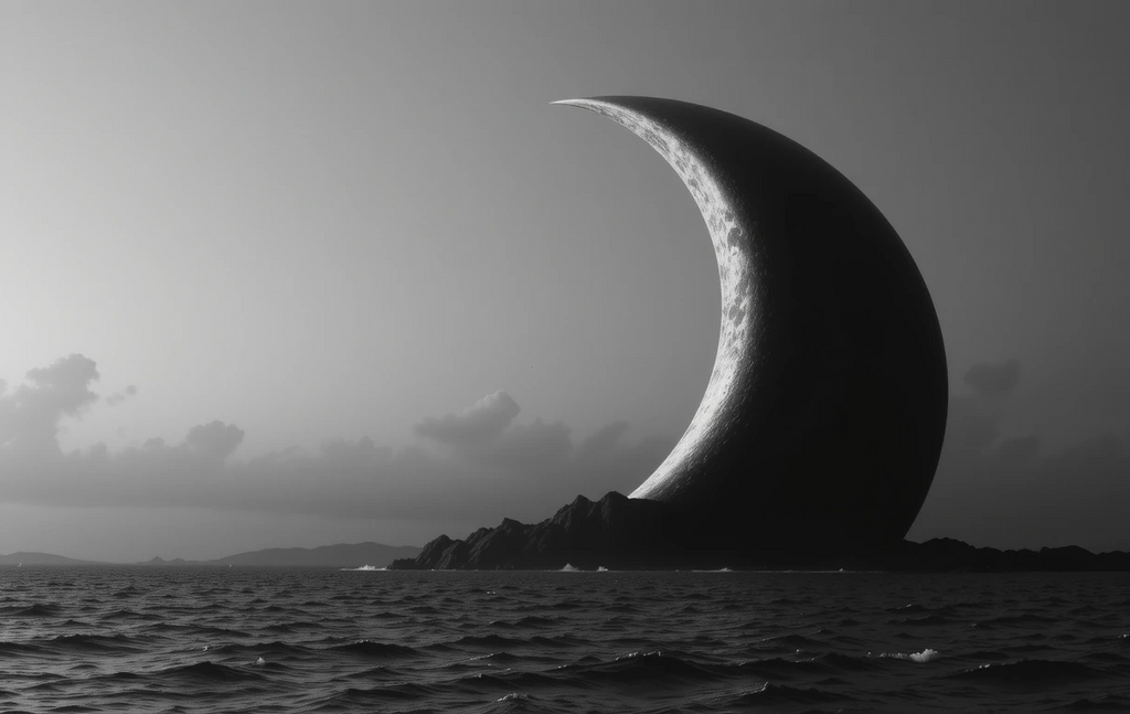 Crescent moon rising from stormy ocean waves