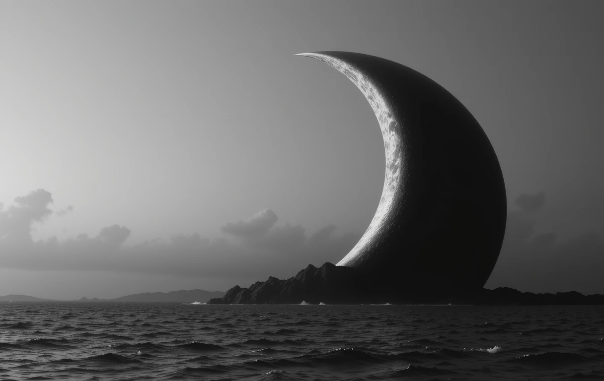 Crescent moon rising from stormy ocean waves