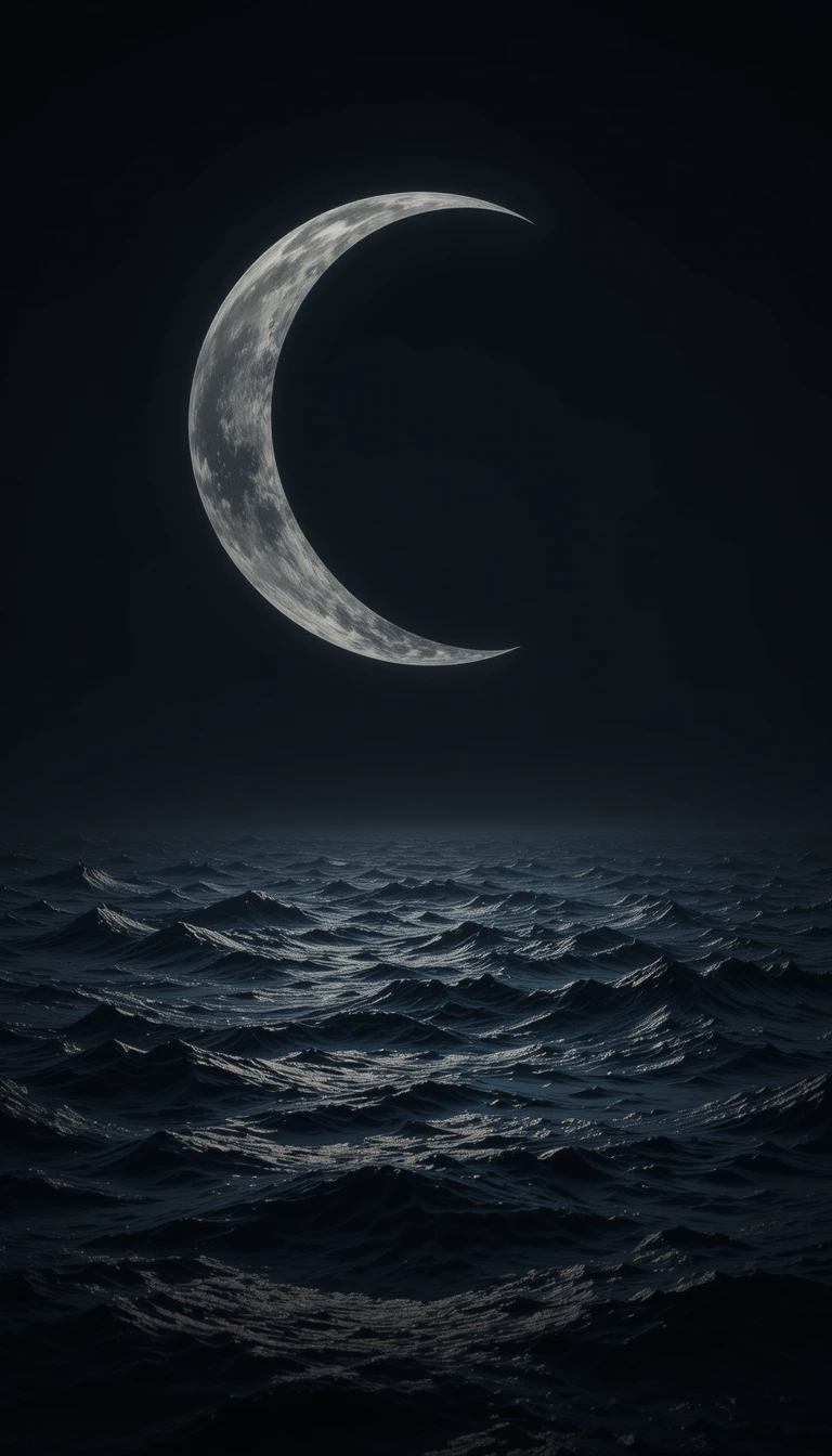Crescent moon rising from stormy ocean waves