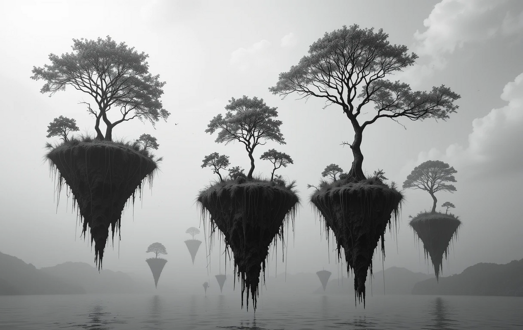 Floating inverted islands with trees over water