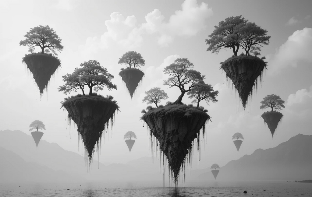 Floating inverted islands with trees over water