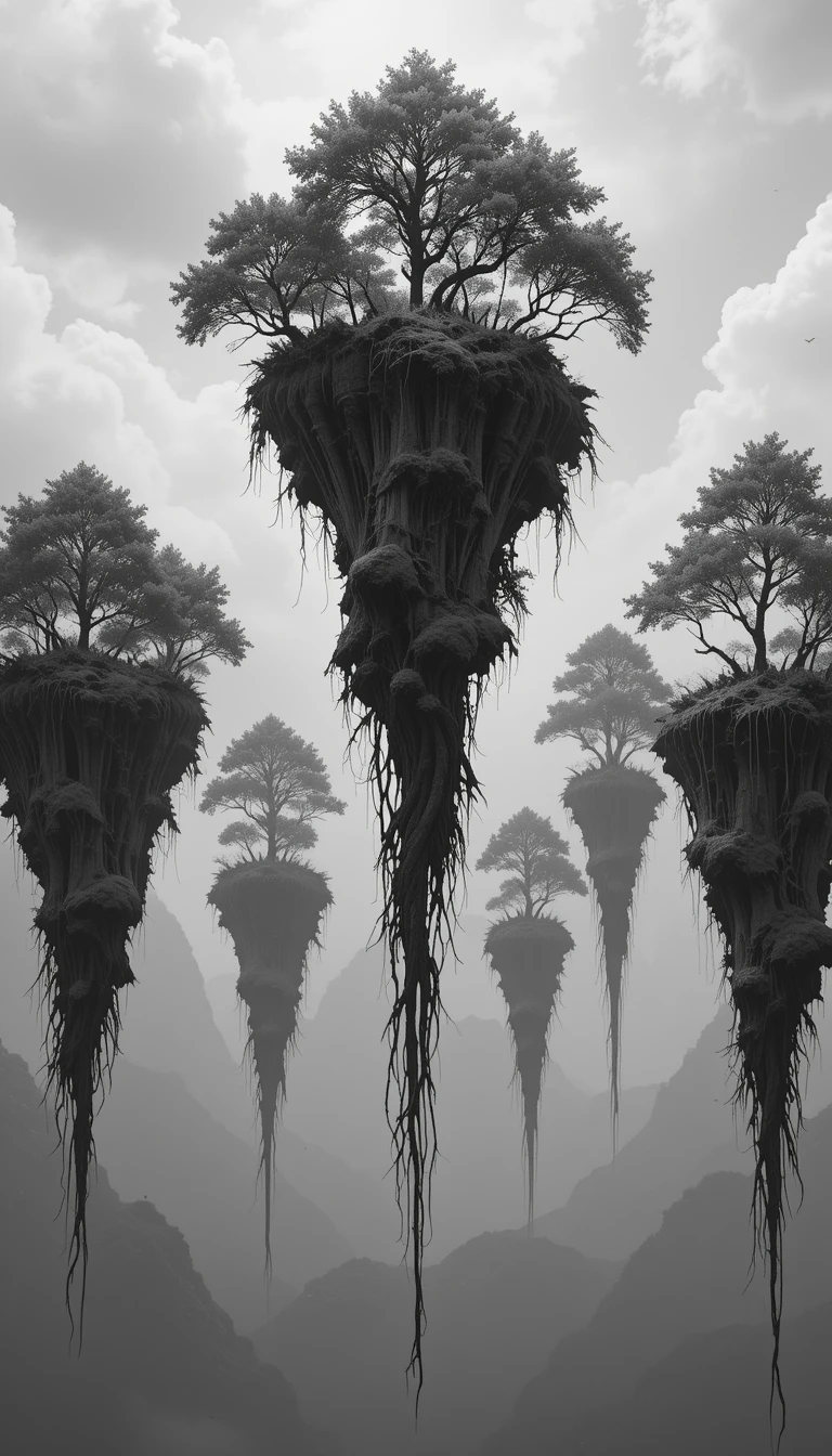 Floating inverted islands with trees over water