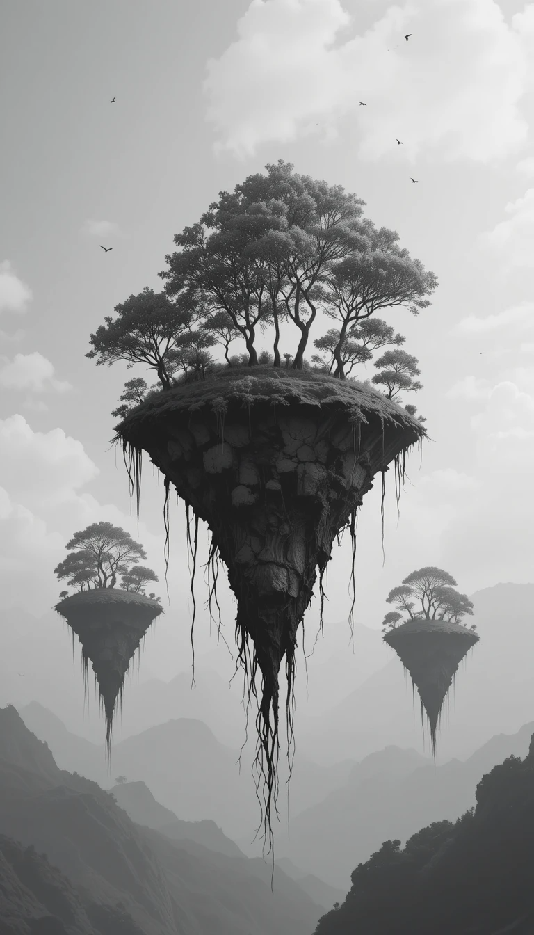 Floating inverted islands with trees over water