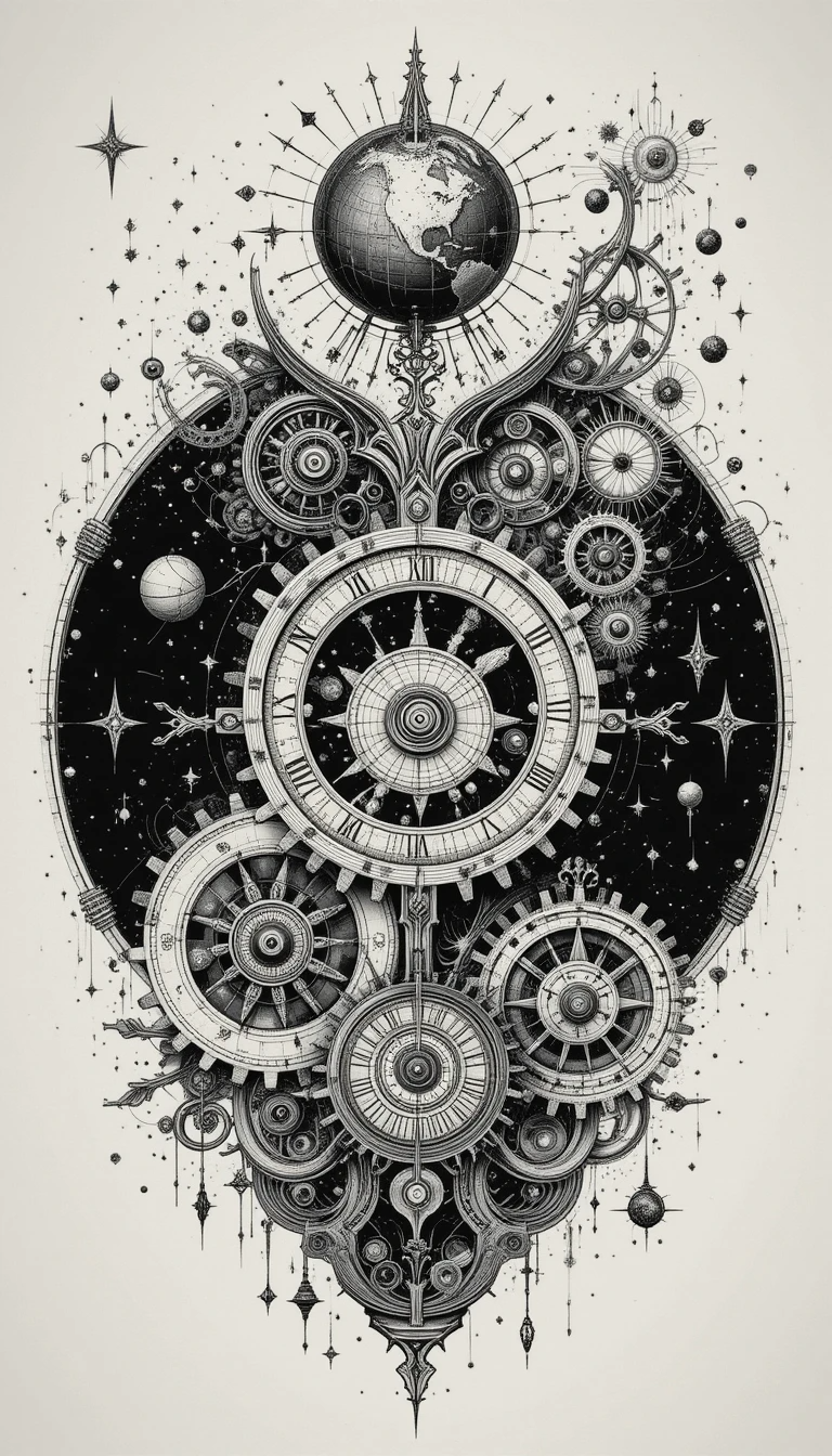 Intricate celestial clockwork mechanism with planets and gears
