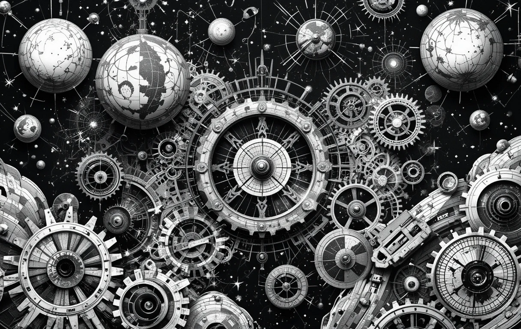 Intricate celestial clockwork mechanism with planets and gears
