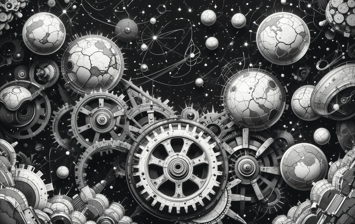 Intricate celestial clockwork mechanism with planets and gears