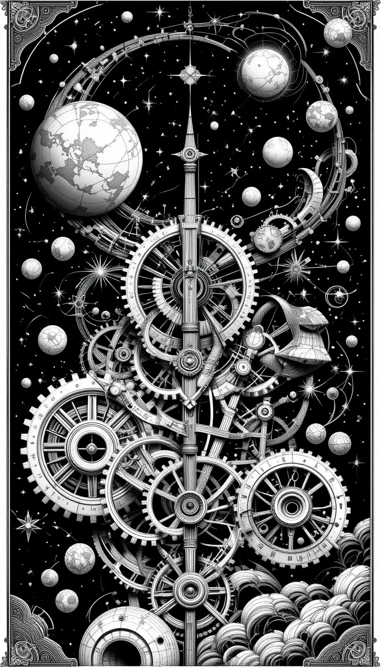 Intricate celestial clockwork mechanism with planets and gears
