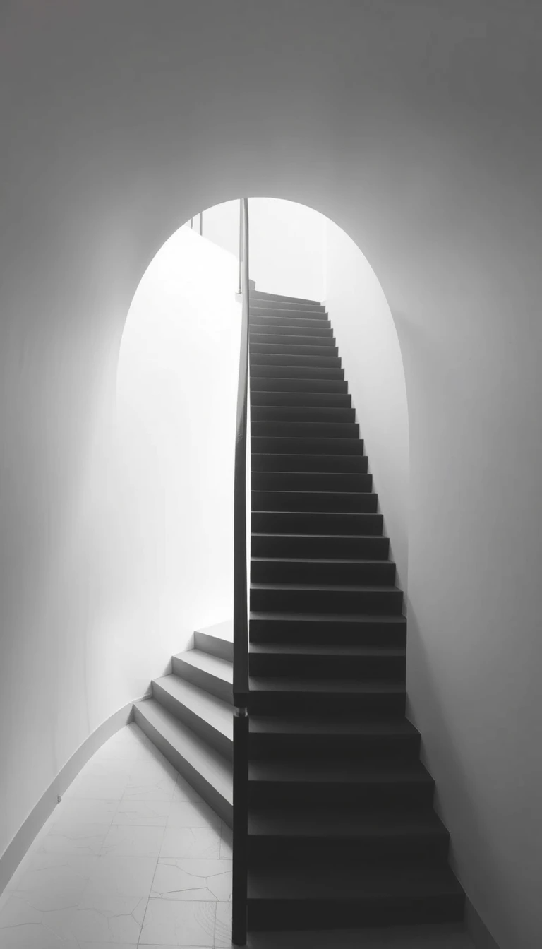 Curved staircase tunnel with arches