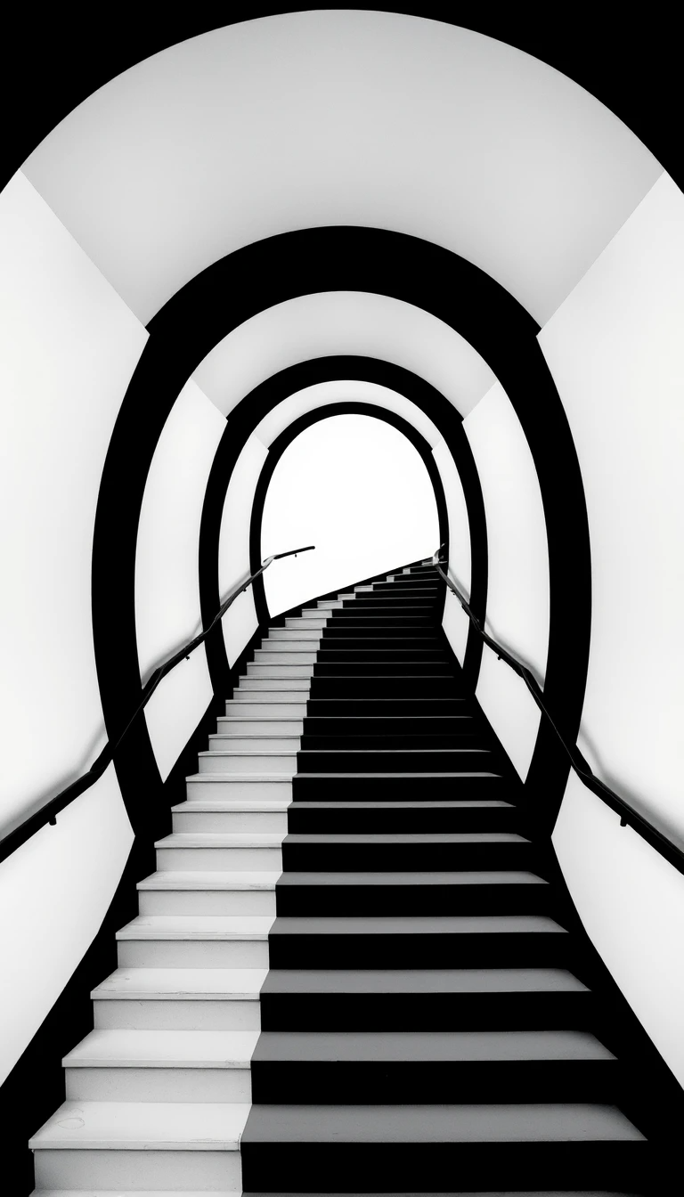 Curved staircase tunnel with arches