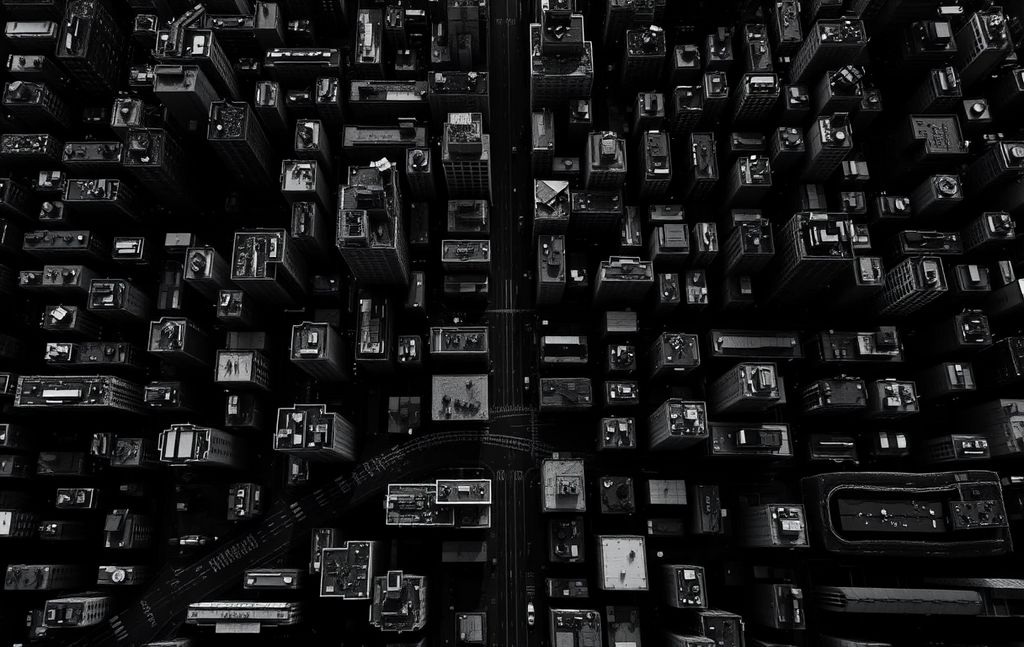 Inverted aerial view of cityscape