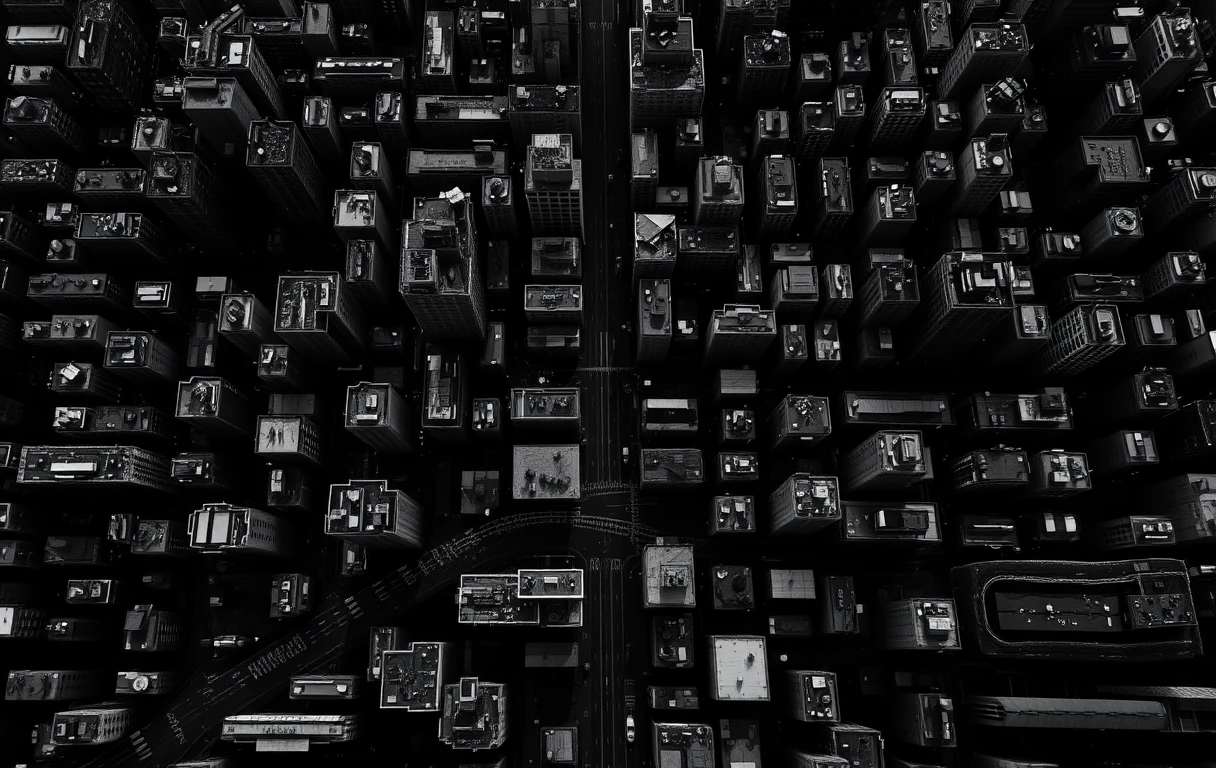 Inverted aerial view of cityscape