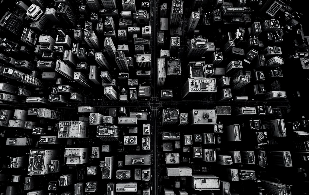 Inverted aerial view of cityscape