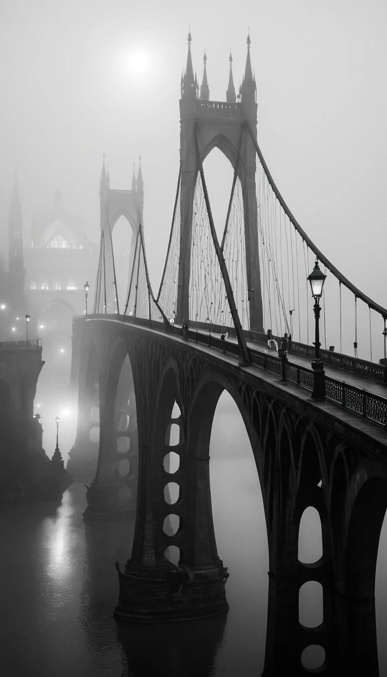 Foggy gothic suspension bridge