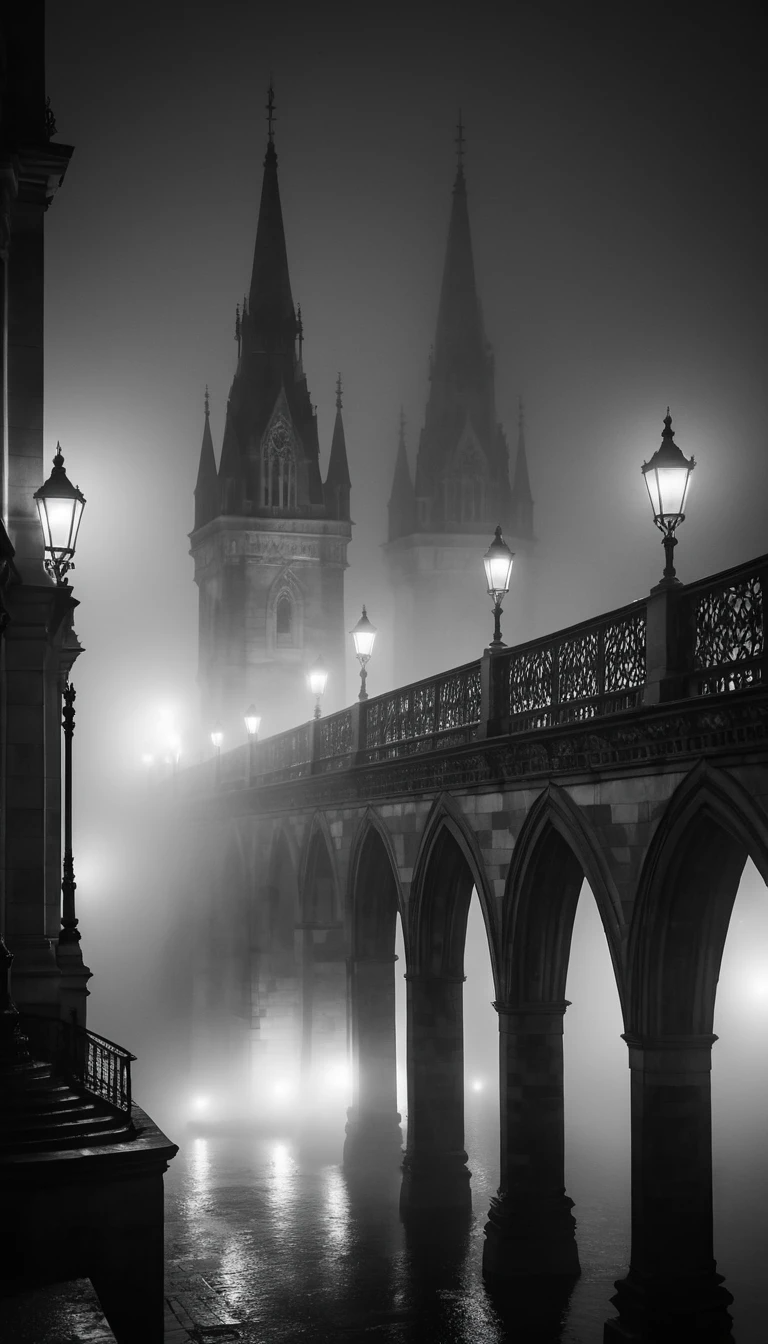 Foggy gothic suspension bridge