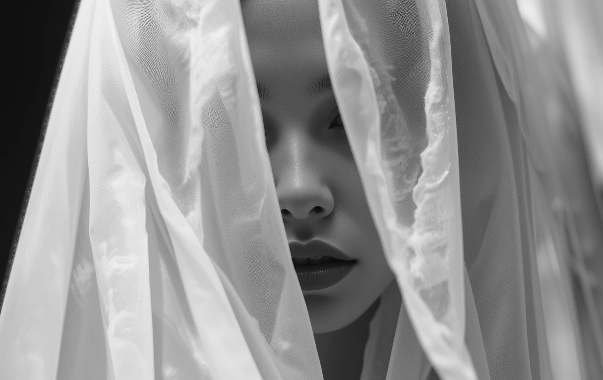 Woman peeking through sheer veil/fabric