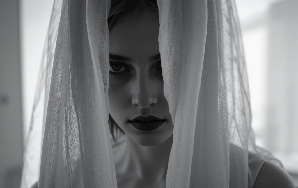 Woman peeking through sheer veil/fabric