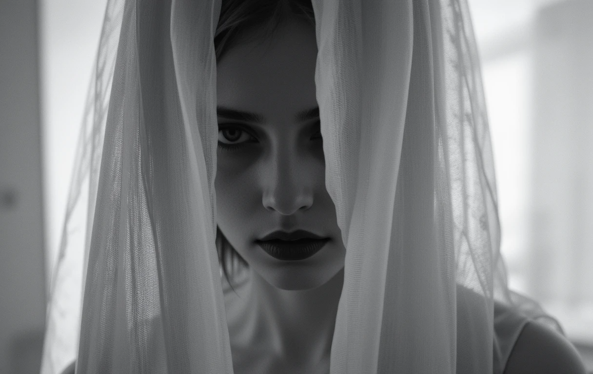 Woman peeking through sheer veil/fabric