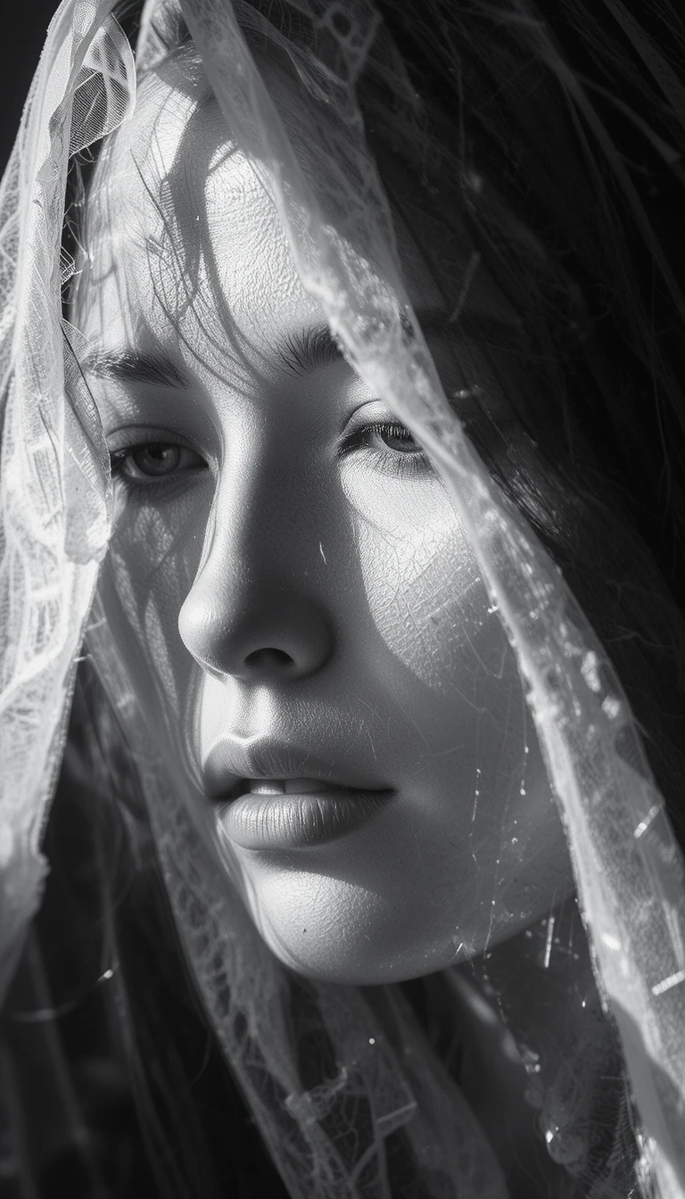Woman peeking through sheer veil/fabric