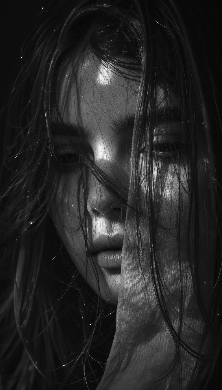 Woman peeking through sheer veil/fabric