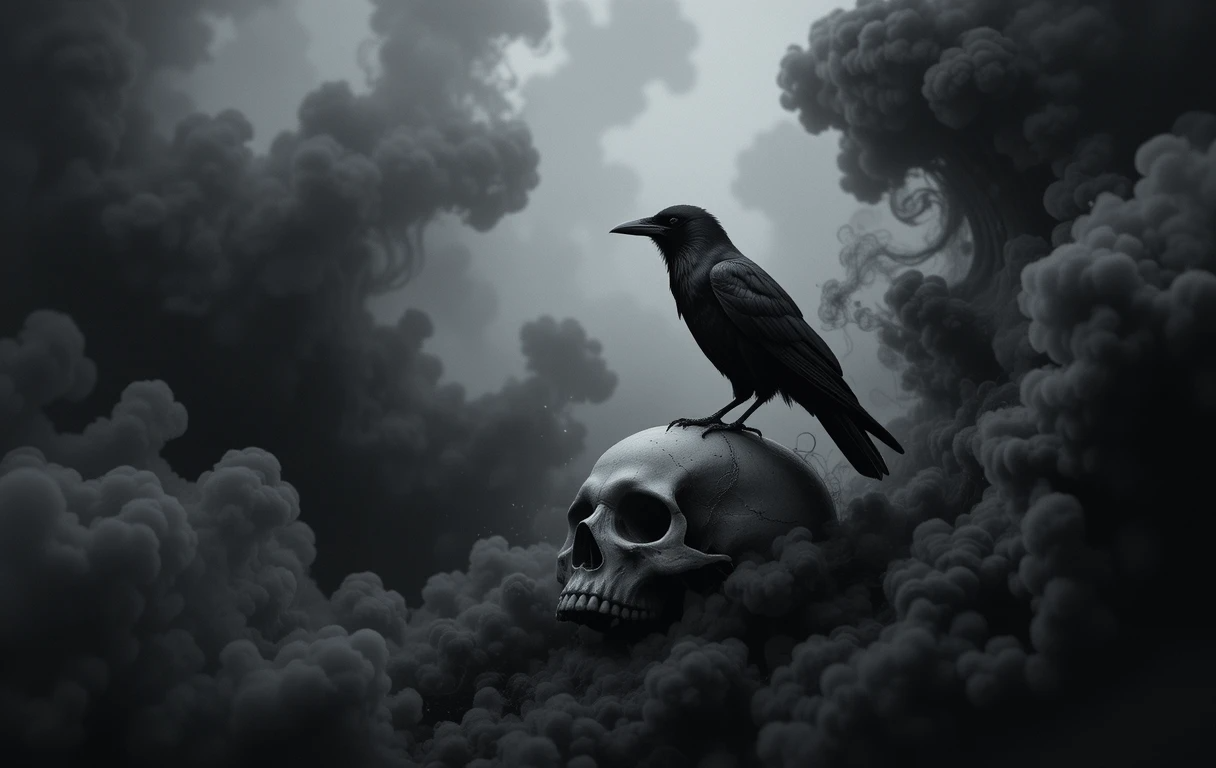 Raven perched on skull in clouds