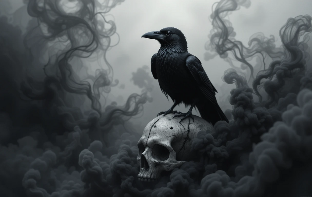 Raven perched on skull in clouds