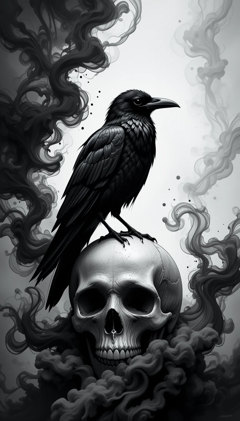 Raven perched on skull in clouds