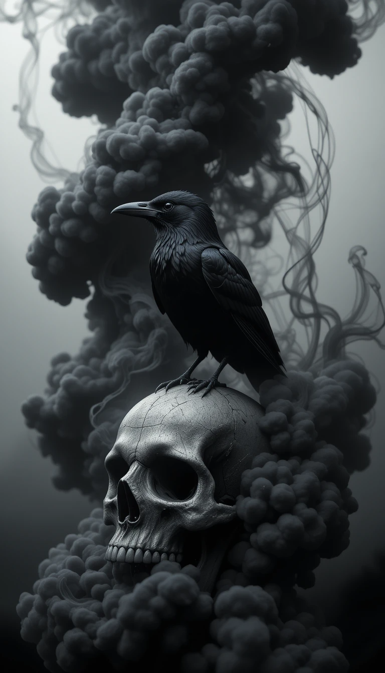 Raven perched on skull in clouds