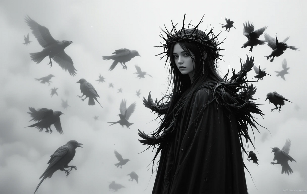 Woman with thorn crown and ravens