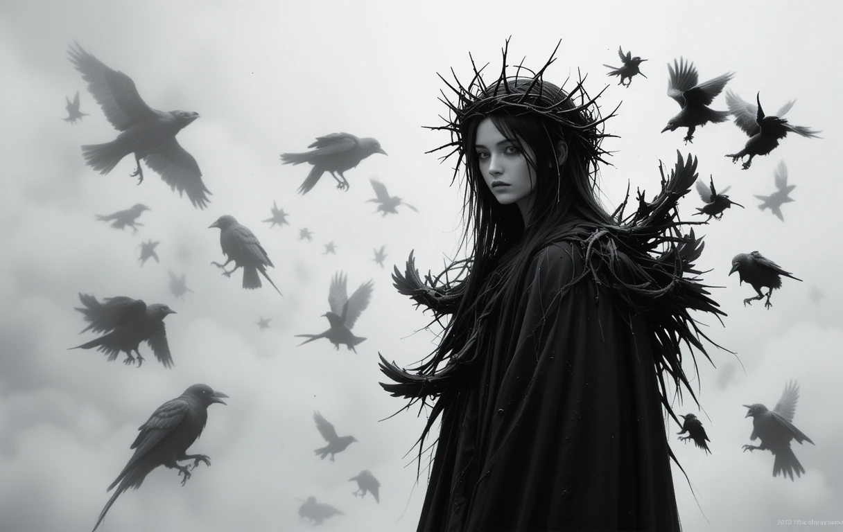 Woman with thorn crown and ravens