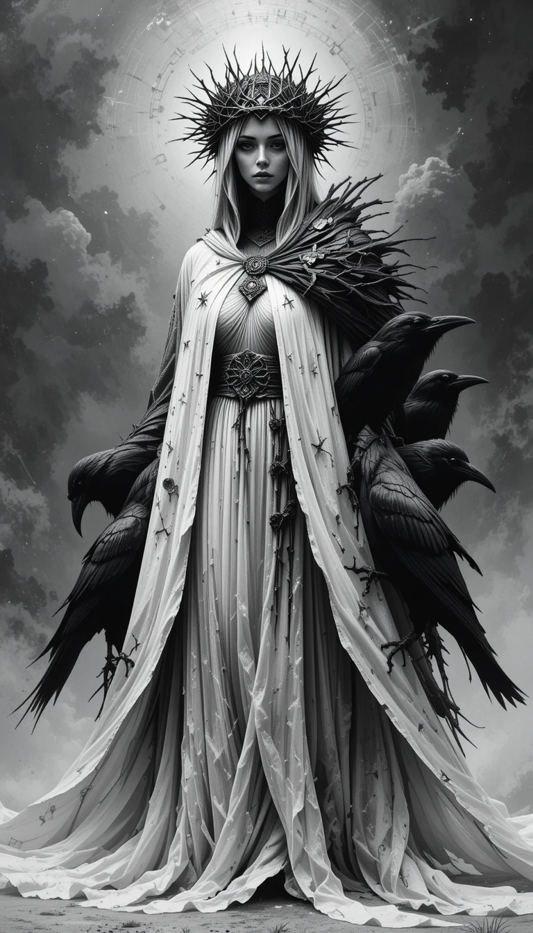 Woman with thorn crown and ravens