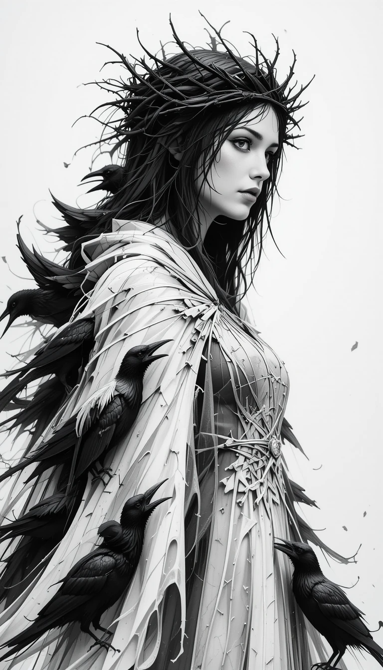 Woman with thorn crown and ravens