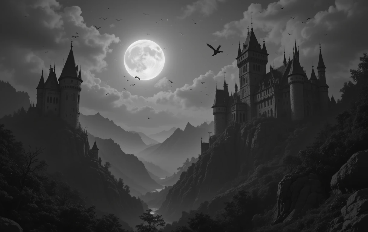 Gothic castle on mountain with full moon and birds/dragon