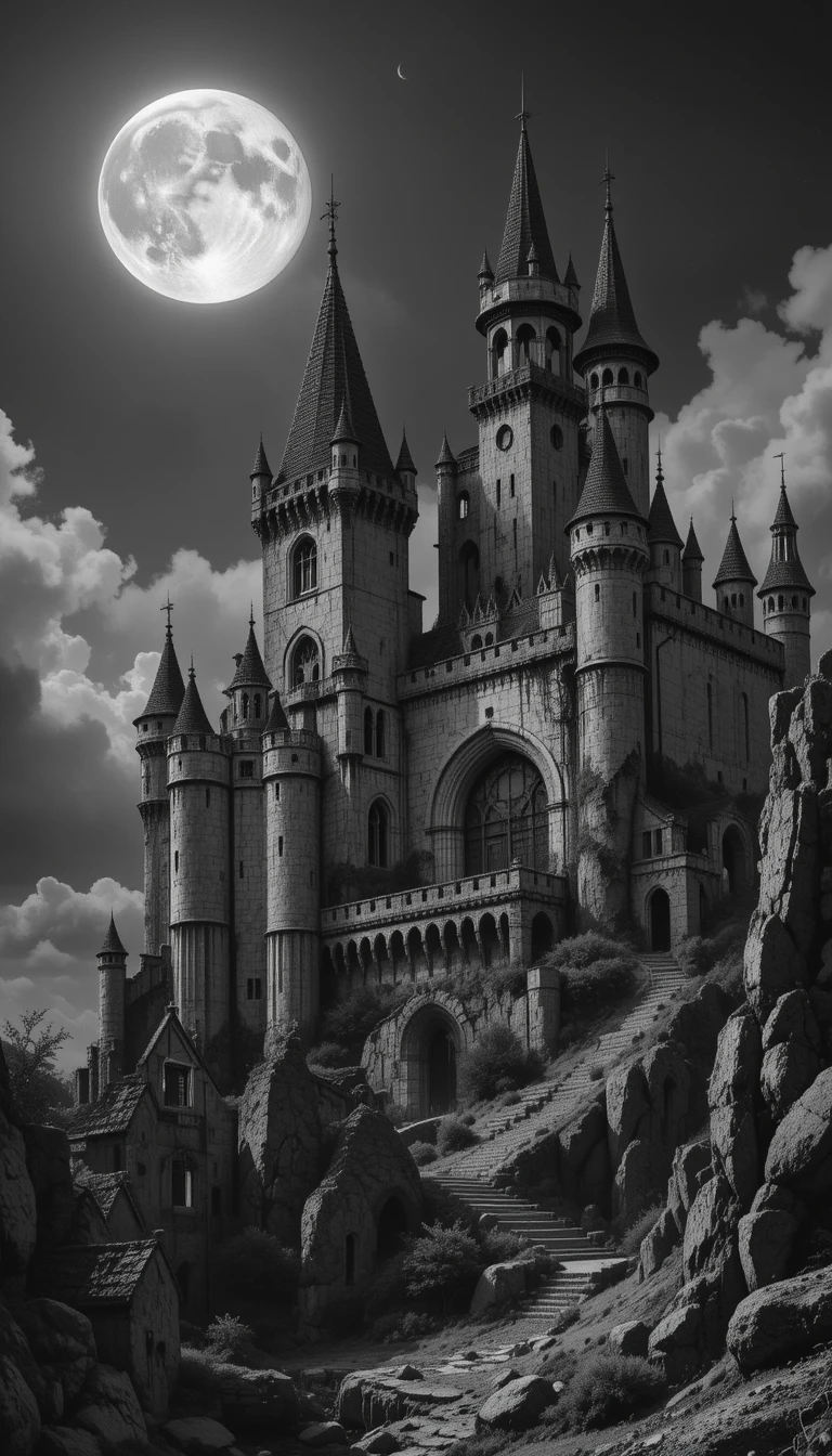 Gothic castle on mountain with full moon and birds/dragon