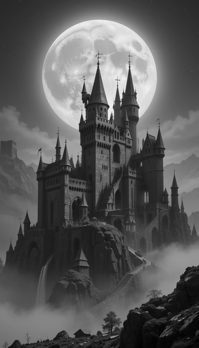 Gothic castle on mountain with full moon and birds/dragon