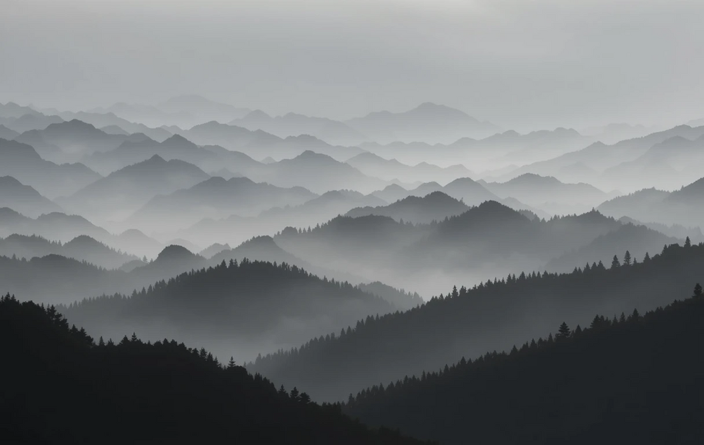 Black and White Foggy Forested Mountains Fine Art Photography